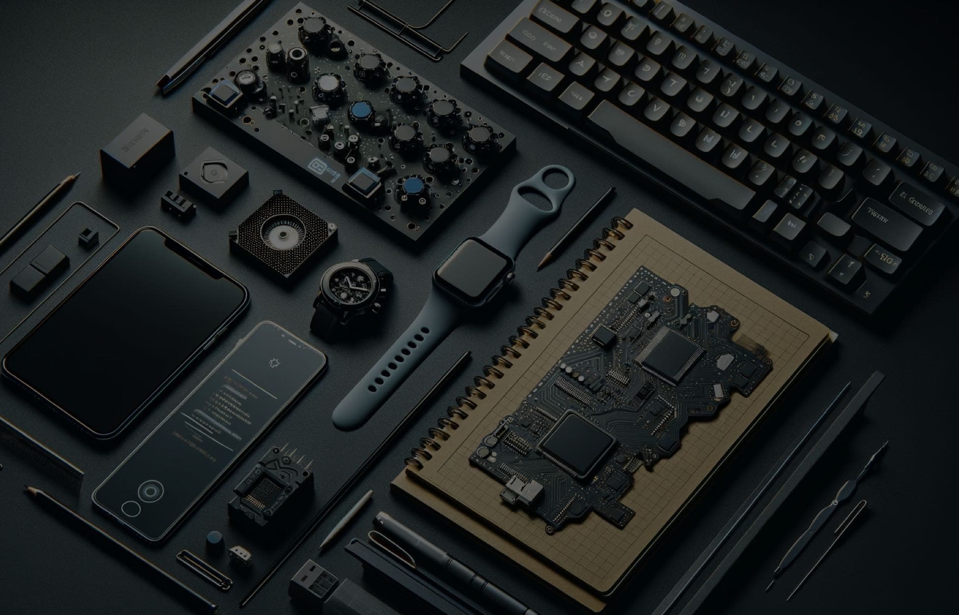 Hardware workbench with circuit boards, tools, and connected product devices
