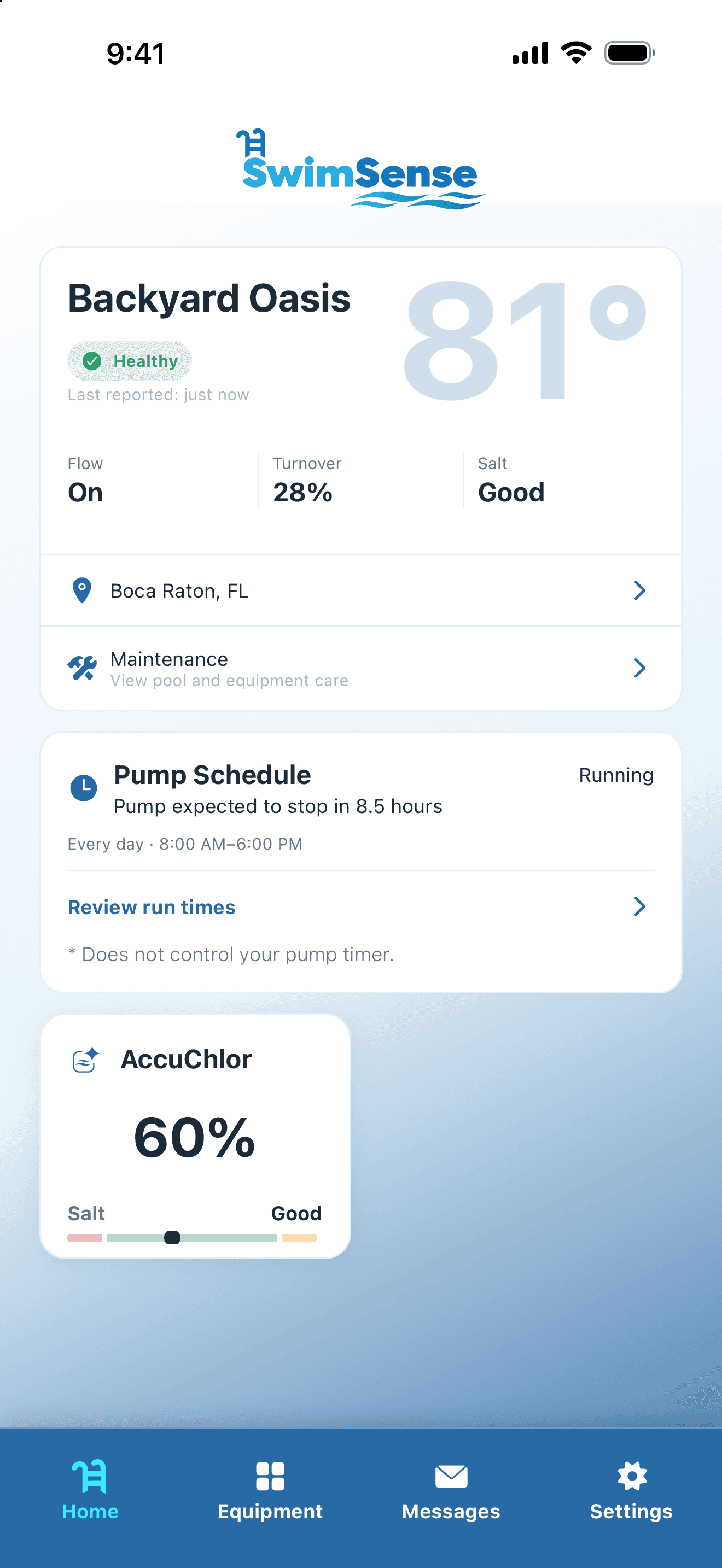 Original SwimSense overview screen, with the AccuChlor tile occupying the left half of its row